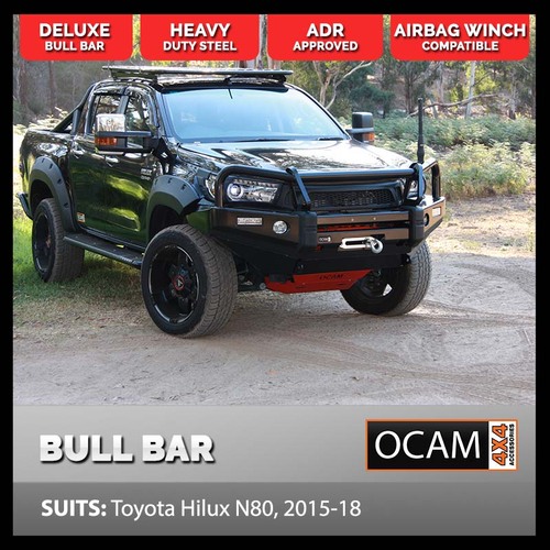 OCAM Deluxe Steel Bull Bar For Toyota Hilux N80 2015-09/2018 + Pair 9' LED Spot Lights