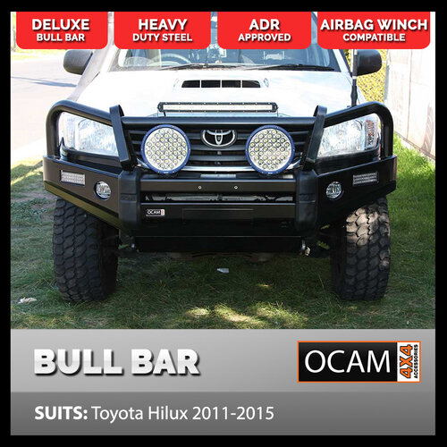 OCAM Deluxe Steel Bull Bar For Toyota Hilux N70 08/2011-15 , OCAM 12kLBS Winch + 9' LED Spot Lights