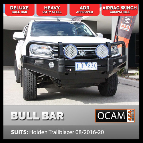 OCAM Deluxe Steel Bull Bar For Holden Trailblazer 08/2016-20 OCAM 12k Winch + 9' LED Spot Lights