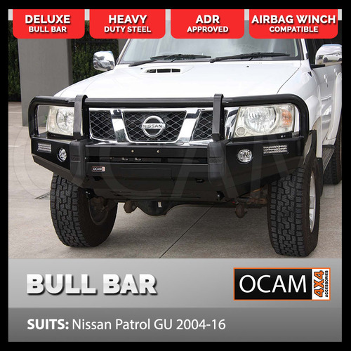 OCAM Deluxe Steel Bull Bar for Nissan Patrol GU 2004-16, OCAM 12k LBS Winch + 9' LED Spot Lights