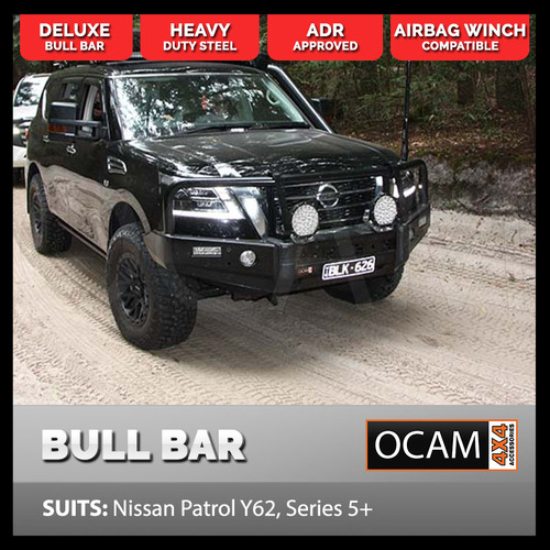 OCAM Deluxe Steel Bull Bar for Nissan Patrol Y62 Series 5, 11/2019+ , OCAM 9.5k LBS Winch + 9' LED Spot Lights
