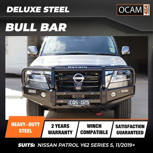 OCAM Deluxe Steel Bull Bar for Nissan Patrol Y62 Series 5, 11/2019+ , OCAM 9.5k LBS Winch + 9' LED Spot Lights