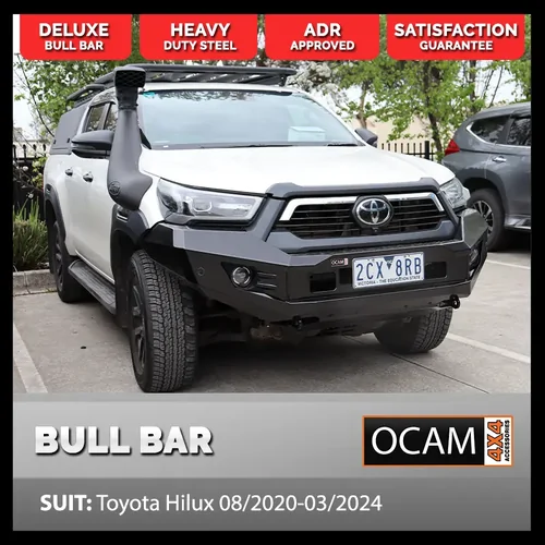 OCAM H-Bar, Replacement Winch Bar For Toyota Hilux 08/2020-03/2024, Hoopless Bull Bar w/ OCAM 9.5k Winch + 9' LED Spot Lights