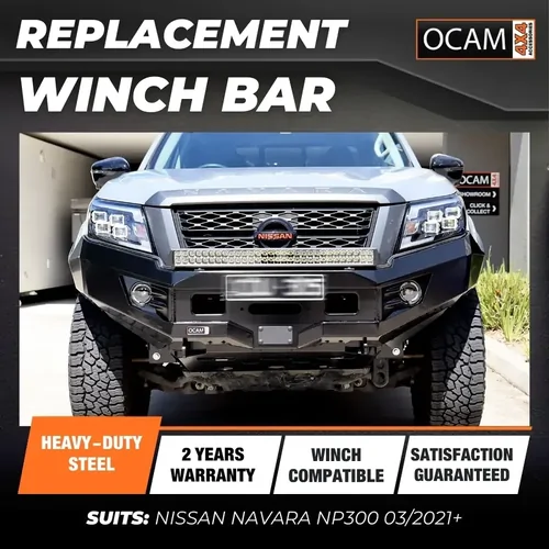 OCAM H-Bar, Replacement Winch Bar for Nissan Navara NP300 03/2021+, Hoopless Bull Bar + Pair 9' LED Spot Lights