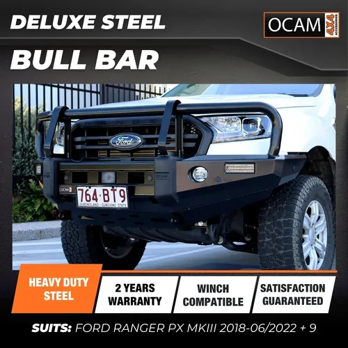 OCAM H-Bar, Replacement Winch Bar for Ford Ranger PX MKII 2015-2018, Hoopless Bull Bar PXII + Pair 9' LED Spot Lights