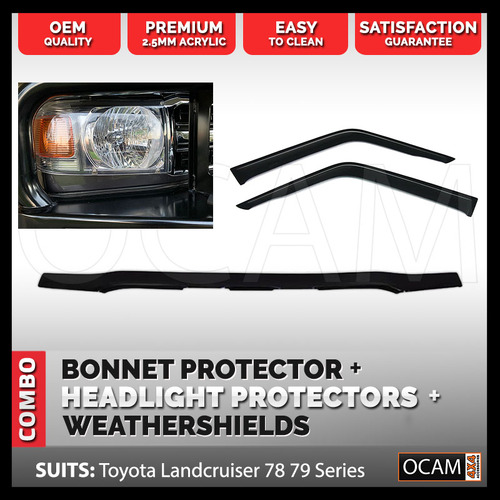 Bonnet & Headlight Protectors & Weathershields 2pc For Toyota Landcruiser 70 76 78 Series, 2017 +