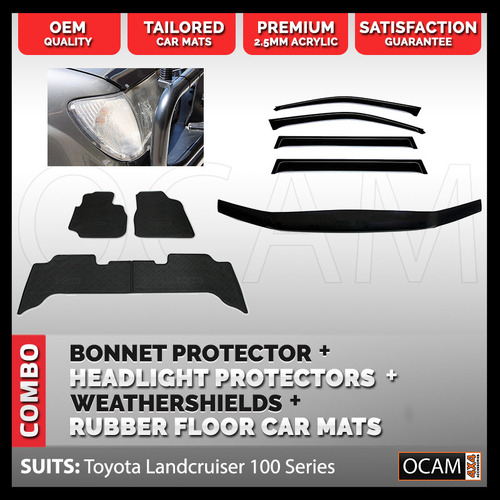 For Toyota Landcruiser 100 Series Bonnet Headlight Protectors, Weathershields Rubber Floor Mats