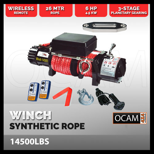 Electric Winch 26M Synthetic Rope Wireless Remote Truck 4WD 6577KG  12V 14500LBS