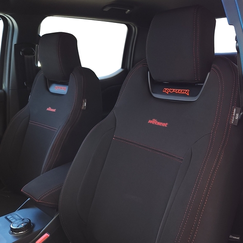 Front Row Wetseat Tailored Neoprene Seat Covers for Ford Ranger Raptor Dual Cab 07/2022-2023 Black with Red Stitching