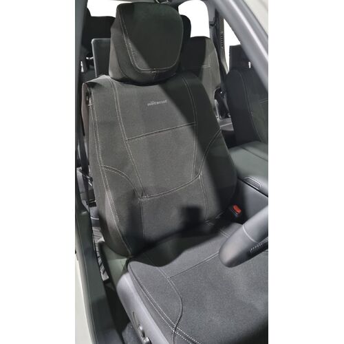 Wetseat Tailored Neoprene (FRONT) Seat Covers for Toyota Landcruiser 300 Series, Sahara, Black With Charcoal Stitching