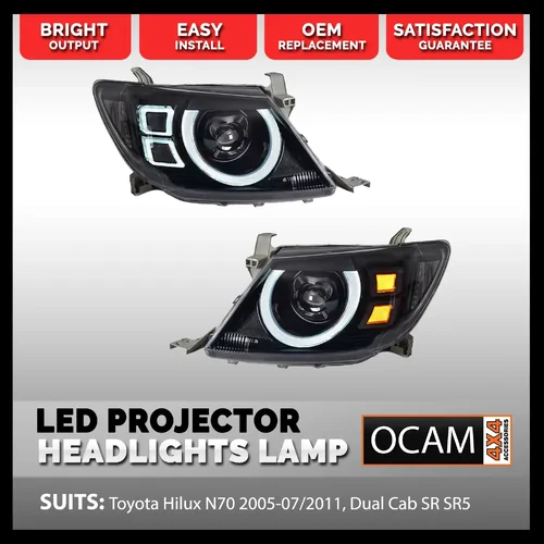 LED Projector Headlights Lamps for Toyota Hilux N70 2005-07/2011, Dual Cab SR SR5