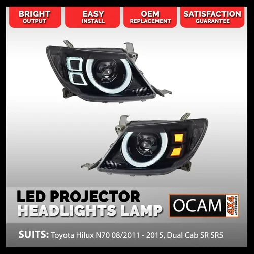 LED Projector Headlights Lamps for Toyota Hilux N70 08/2011 - 2015, Dual Cab SR SR5