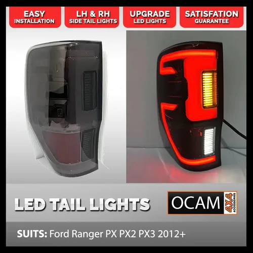 LED Tinted Tail Lights for Ford Ranger PX PXMKII PXMKIII, 2011-06/2022, PAIR