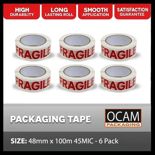 Packaging Tape Fragile 48mm x 100m 45MIC - 6 Pack