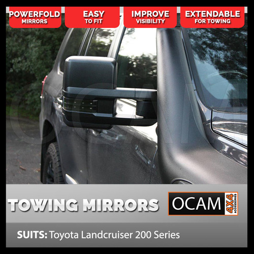 OCAM Powerfold Extendable Towing Mirrors For Landcruiser 200 Series, Black, Smoke Indicators, With Blind Spot Monitoring