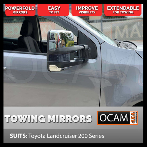 OCAM Powerfold Extendable Towing Mirrors For Landcruiser 200 Series, Chrome, Smoke Indicators, With Blind Spot Monitoring