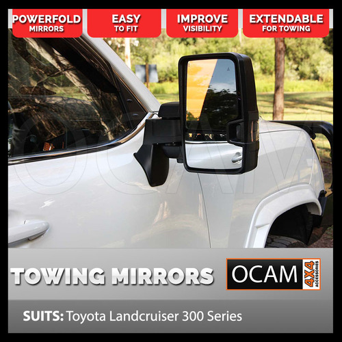 OCAM Powerfold Extendable Towing Mirrors For Landcruiser 300 Series, Black, Smoke Indicators, Electric, Blind Spot Monitoring