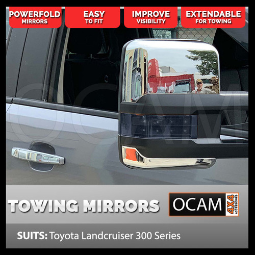 OCAM Powerfold Extendable Towing Mirrors For Landcruiser 300 Series, Chrome, Smoke Indicators, Electric, Blind Spot Monitoring