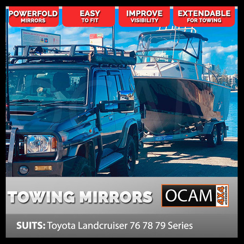 OCAM Powerfold Extendable Towing Mirrors For Toyota Landcruiser 76 78 79, 08/2021-Current, Chrome