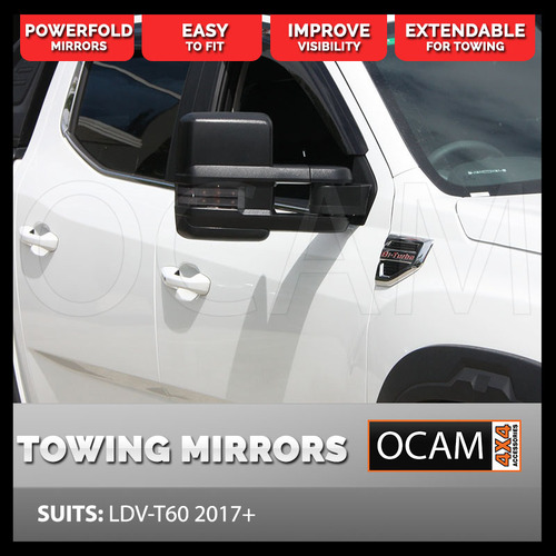 OCAM Powerfold Extendable Towing Mirrors For LDV T-60, Black, Smoked Indicators, Electric