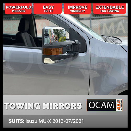 OCAM Powerfold Extendable Towing Mirrors For Isuzu MU-X 2013-07/2021, Chrome, Indicators, Electric