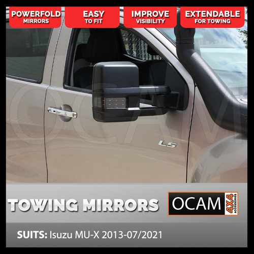 OCAM Powerfold Extendable Towing Mirrors For Isuzu MU-X, 2013-07/2021, Black, Indicators, Electric