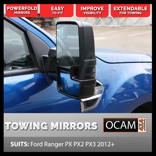 OCAM Powerfold Extendable Towing Mirrors for Ford Ranger PX PXMKII PXMKIII 2011-06/2022, Raptor, Black, Smoke Indicators, Electric