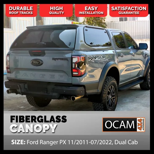 OCAM 4x4 Fibreglass Canopy for Ford Ranger PX 11/2011-07/2022, Dual Cab Windows: Mechanical Lift Up, Canopy Colour: Absolute Black - 5G9Z