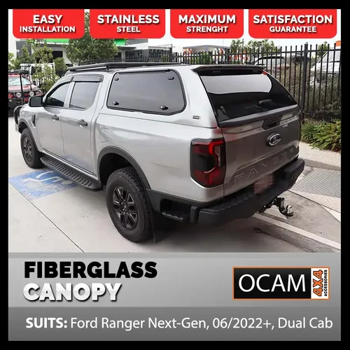 OCAM 4x4 Fibreglass Canopy for Ford Ranger Next-Gen, 06/2022+, Dual Cab Windows: Mechanical Lift Up, Meteor Grey - PMYHR