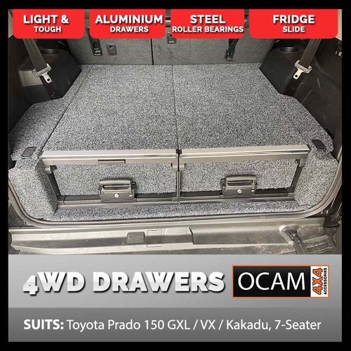 OCAM Aluminium Rear Drawers for Toyota Prado 150 Series GXL / VX / Kakadu 7-Seater 2009-23, Black Carpet