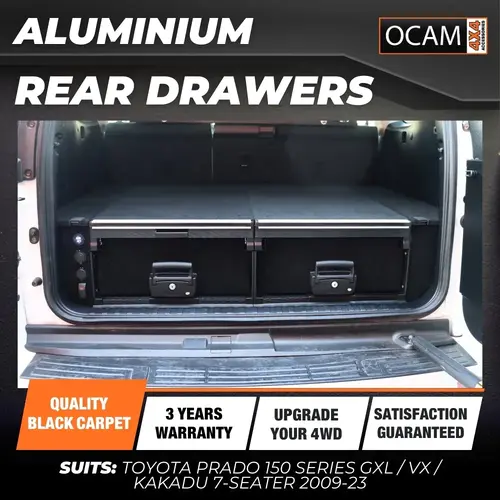 CUSTOMISE> OCAM Aluminium Rear Drawers for Toyota Prado 150 Series GXL / VX / Kakadu 7-Seater 2009-23, Black Carpet
