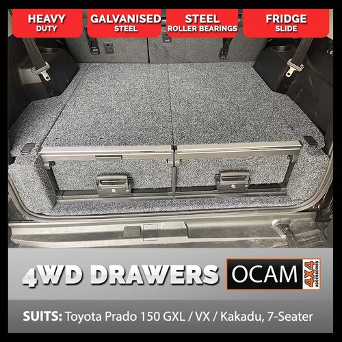OCAM Aluminium Rear Drawers W/ Slide-Out Table for Toyota Prado 150 Series GXL / VX / Kakadu 7-Seater 2009-23, Black Carpet