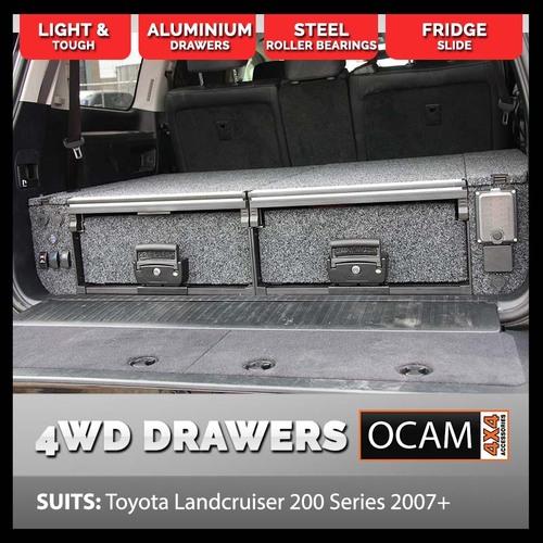 OCAM Aluminium Rear Drawers For Toyota Landcruiser 200 Series 2007-21, Black Carpet