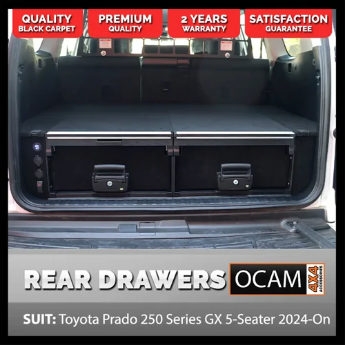 OCAM Aluminium Rear Drawers for Toyota Prado 250 Series GX 5-Seater 2024-On, Black Carpet