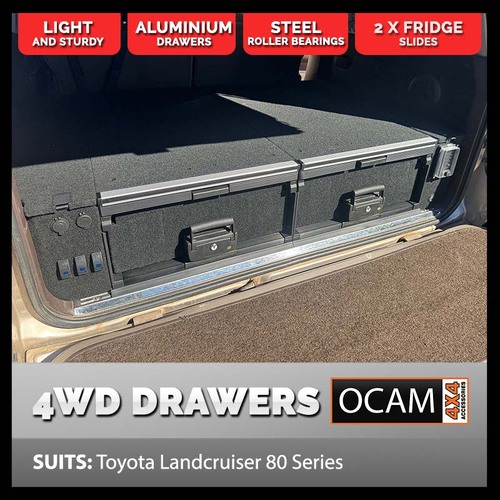 OCAM Aluminium Rear Drawers For Toyota Landcruiser 80 Series, Black Carpet