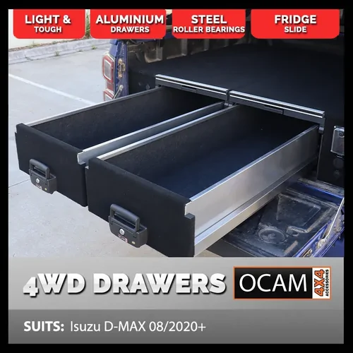 OCAM Aluminium Rear Drawers For Isuzu D-MAX 08/2020-Current, Dual Cab, DMAX, Black Carpet