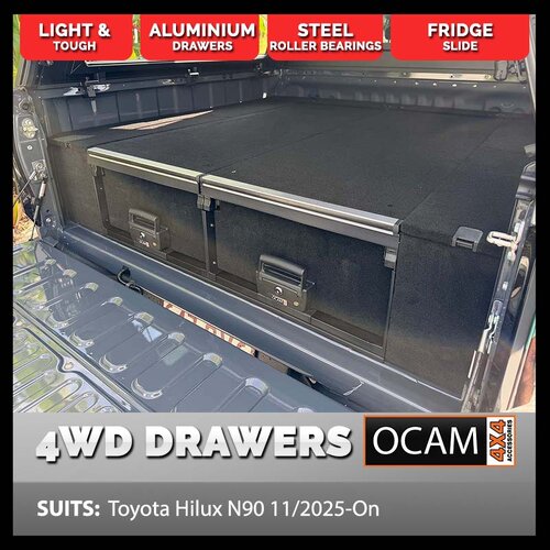 OCAM Aluminium Rear Drawers For Toyota Hilux N90 11/2025-Current, Dual Cab, Black Carpet