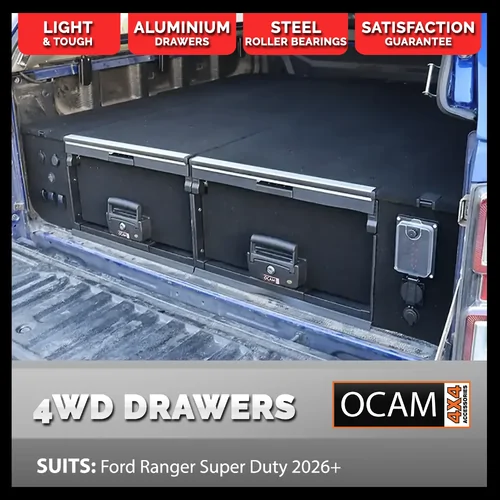 OCAM Aluminium Rear Drawers for Ford Ranger Super Duty 2026 - Current,, Dual Cab, Black Carpet
