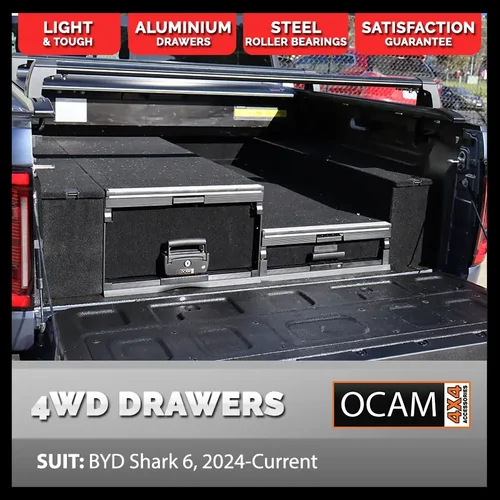 OCAM Aluminium Rear Drawers For BYD Shark 6, 2024-Current, With Half, Dual Cab, Black