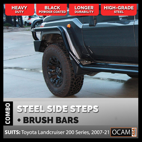 OCAM Heavy Duty Steel Side Steps & Brush Bars for Toyota Landcruiser 200 Series, 2007-21