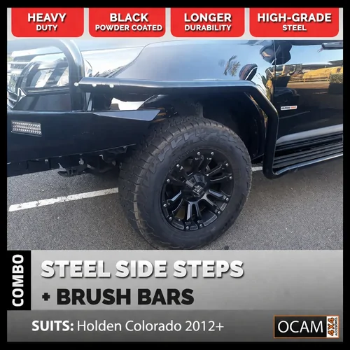 OCAM Heavy Duty Steel Side Steps & Brush Bars for Holden Colorado RG 2012-Current, Dual Cab
