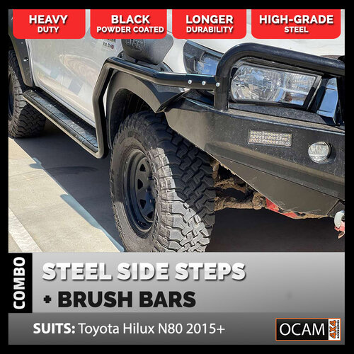 OCAM Heavy Duty Steel Side Steps & Brush Bars for Toyota Hilux N80 2015-Current Dual Cab