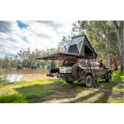 OCAM Adventure Package - Aluminium Hardshell Roof Top Tent with Cross bars and Wingman Premium Awning Passenger Side