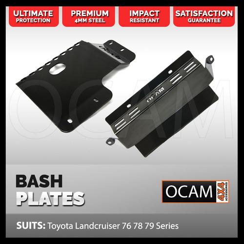 OCAM Steel Bash Plates For Toyota Landcruiser 76 78 79 Series Radiator & Transfer Covers, 4mm Black V8 Diesel