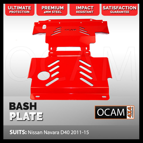OCAM 2pce Steel Bash Plates For Nissan Navara D40 2011-15, 4mm RED, 445 x 480mm