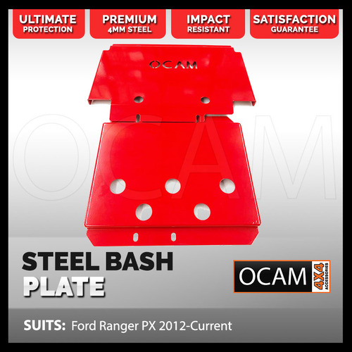 OCAM Steel Bash Plates for Ford Ranger PX PXMKII PXMKIII 2011-06/2022, 4mm Steel Red (2nd style)