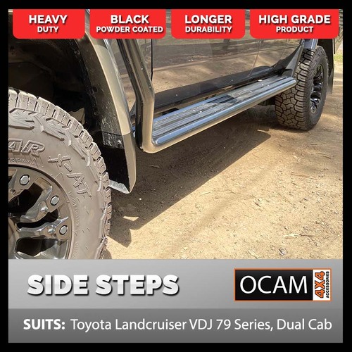 OCAM Heavy Duty Steel Side Steps for Toyota Landcruiser 79 Series, Dual Cab, 2012-Current