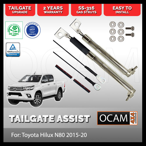 OCAM Tailgate Assist Strut Kit for Toyota Hilux N80 2015-20, Easy-Up & Slow-Down, Stainless Steel 316