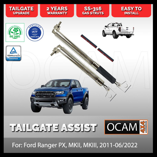 OCAM Tailgate Assist Strut Kit Easy-Up & Slow-Down for Ford Ranger PX, MKII, MKIII, Raptor, 2011-06/2022, Stainless Steel 316