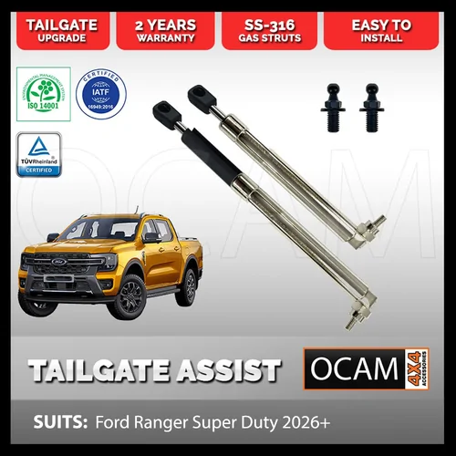 OCAM Tailgate Assist Strut Kit for Ford Ranger Super Duty 2026 - Current, Easy-Up & Slow-Down, Stainless Steel 316